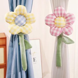 Plush Gingham Flower Curtain Tie-Back with Corduroy Stem