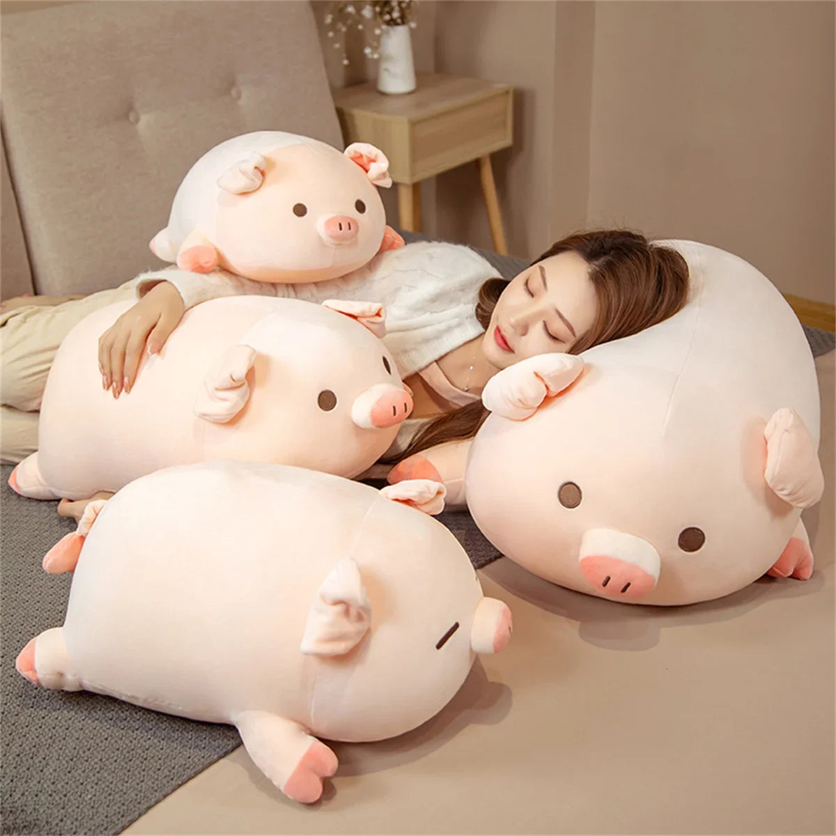 Chubby Sleeping Light Pink Pig Plush Toy - Image 5