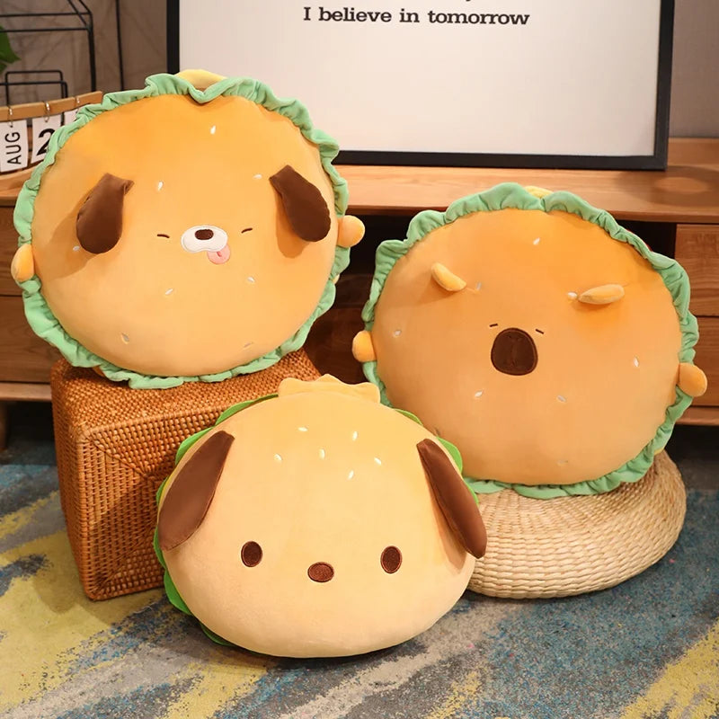 Cute Burger Puppy Plush Cushion with Green Lettuce