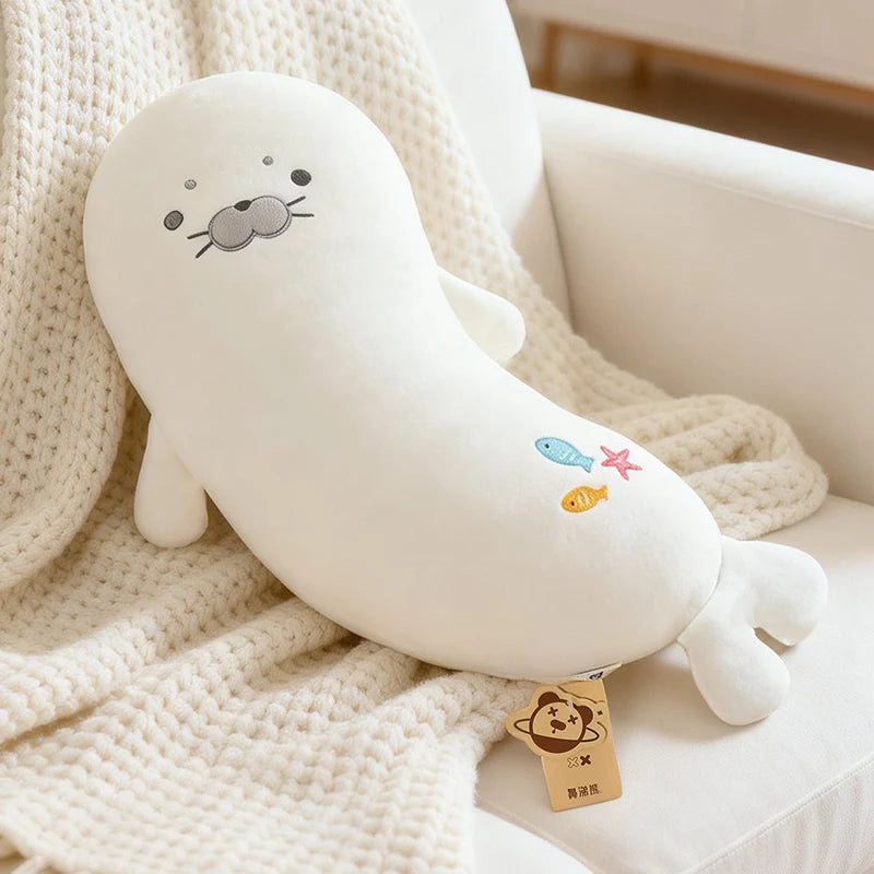 Cute White Seal Plush with Embroidered Fish - Image 6
