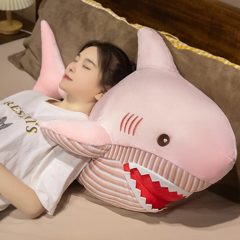 Oversized Blue Shark Plush Pillow with Striped Belly - Image 2