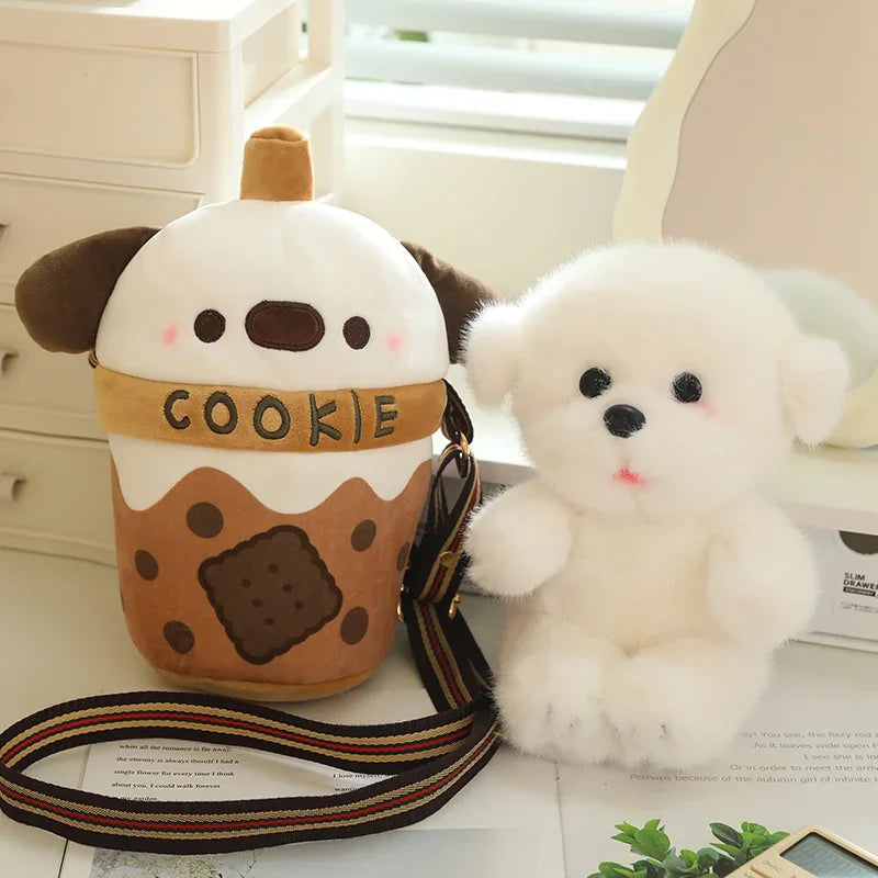 Cute White Dog Bubble Tea Plush Crossbody Bag with Cookie - Image 2