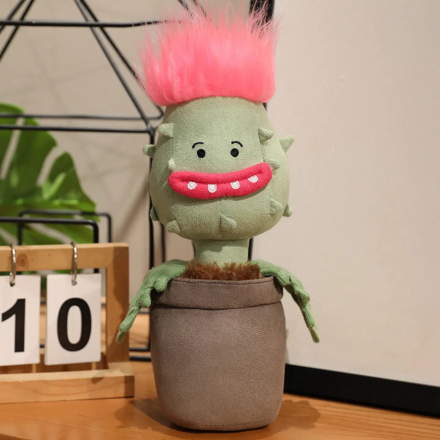 Potted Green Plush Plant with Pink Spiky Hair - Image 7