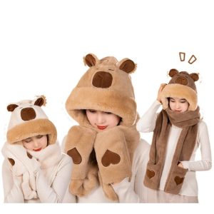 Cute Plush Bear Hooded Scarf with Heart Pockets