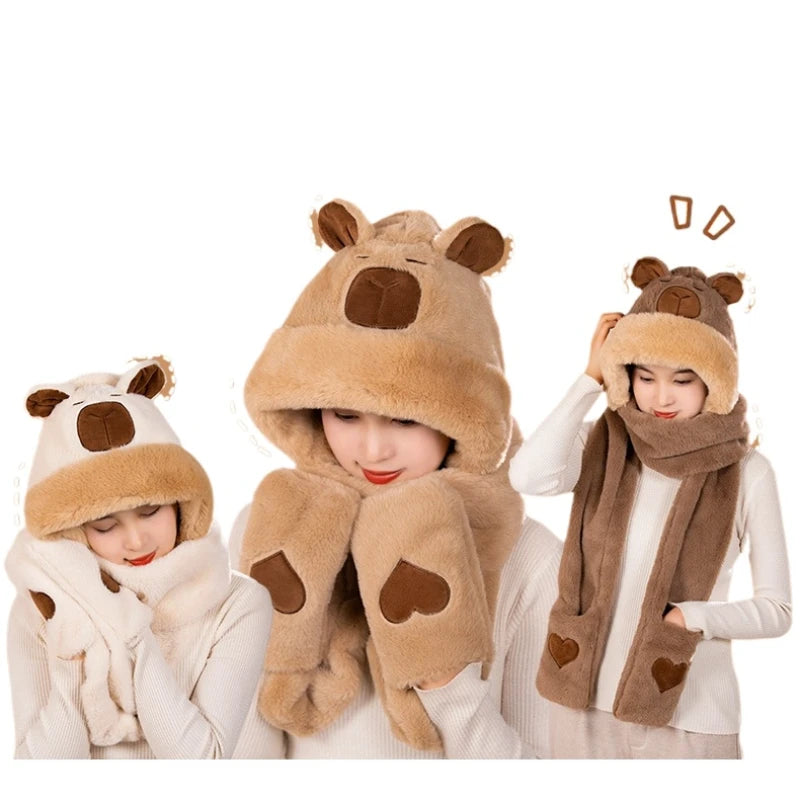 Cute Plush Bear Hooded Scarf with Heart Pockets