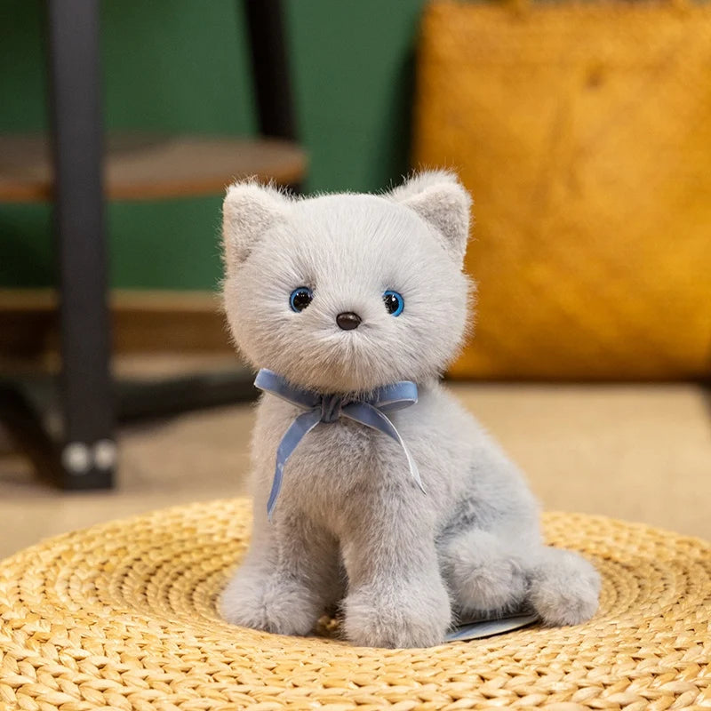Cute Fluffy Sitting Cat Plush Toy with Bow - Image 10