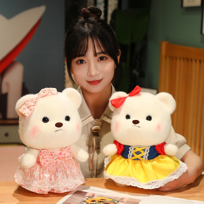 Cute Cream Plush Bear in Pink Polka Dot Dress - Image 2