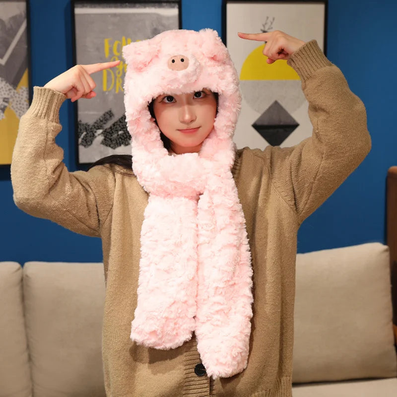 Pale Pink Pig Plush Hooded Scarf - Image 5
