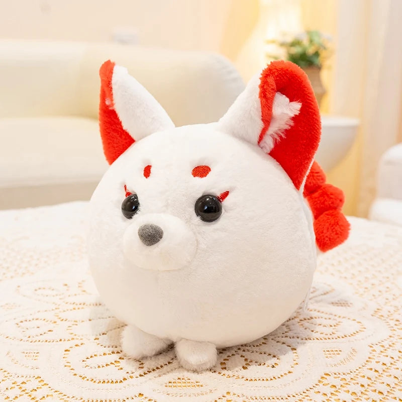 Cute Spherical White Fox Plush Toy with Red Accents