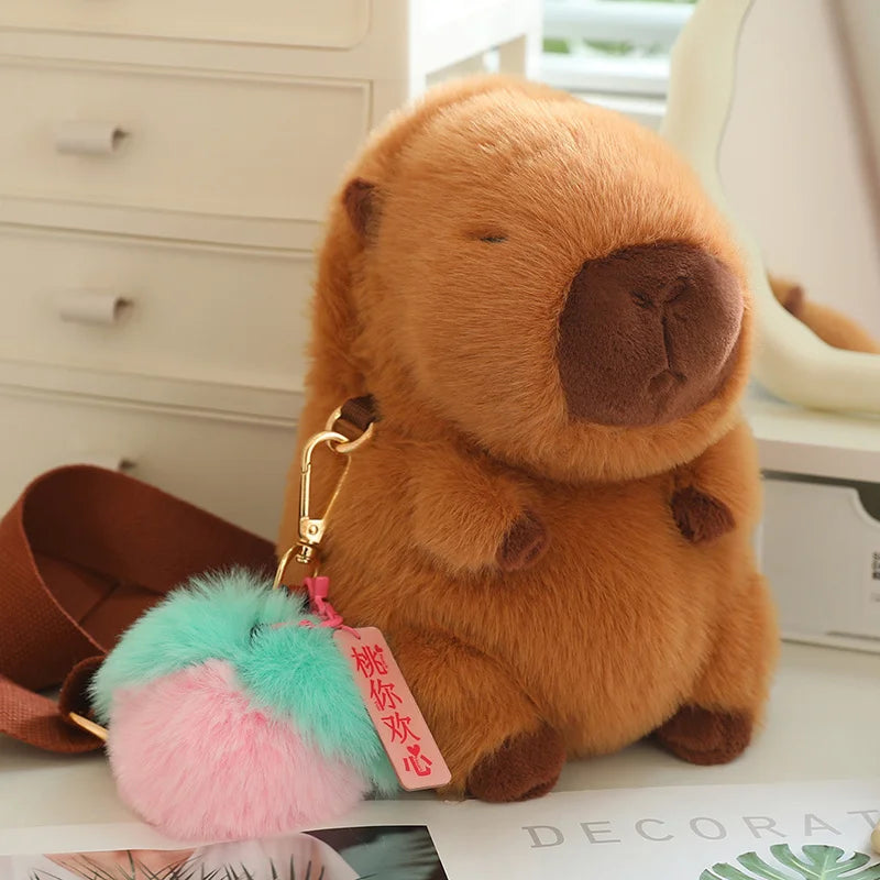 Plush Capybara Crossbody Bag with Pom-Pom Charm - Image 9