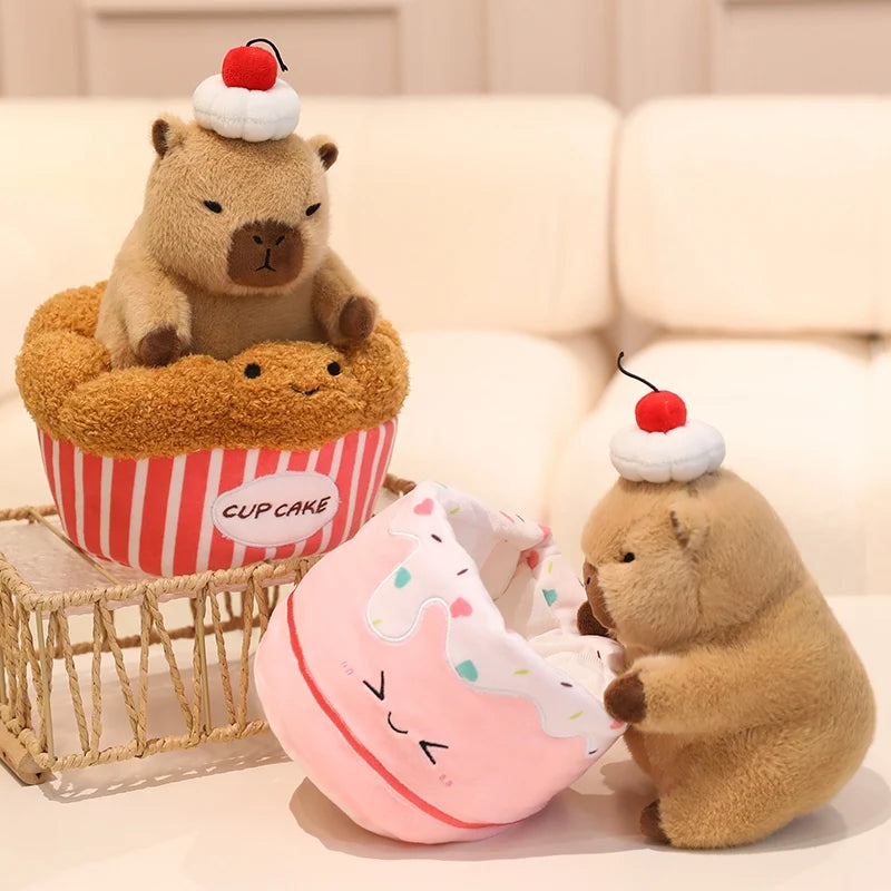 Plush Capybara with Cherry Hat and Dessert Bed