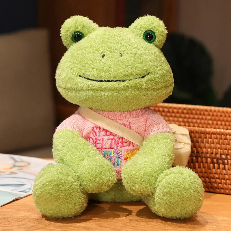 Cute Green Plush Frog with Knitted Sweater & Bag - Image 11
