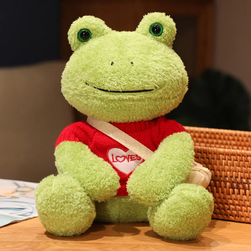 Cute Green Plush Frog with Knitted Sweater & Bag - Image 13