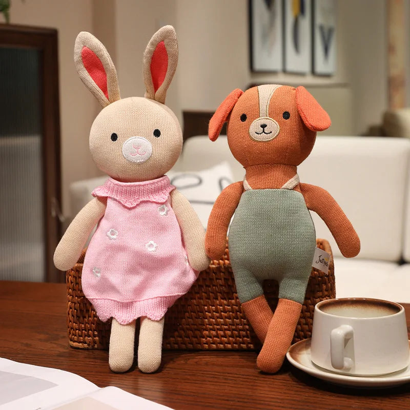 Cute Beige Knitted Bunny Plush with Pink Floral Dress - Image 2