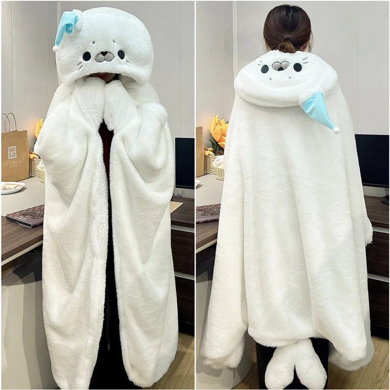Cute White Plush Seal Hoodie with Blue Fin - Image 2