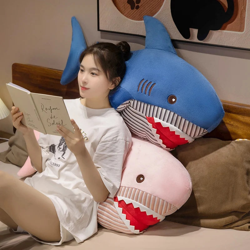 Oversized Blue Shark Plush Pillow with Striped Belly