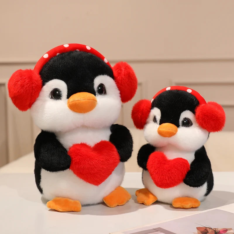 Plush Penguin with Red Polka Dot Earmuffs and Heart