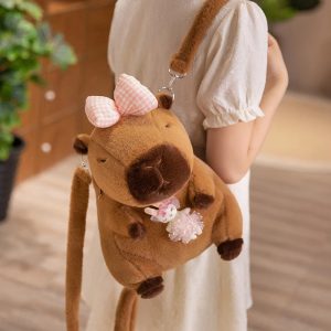 Cute Capybara Plush Crossbody Bag with Pink Bow