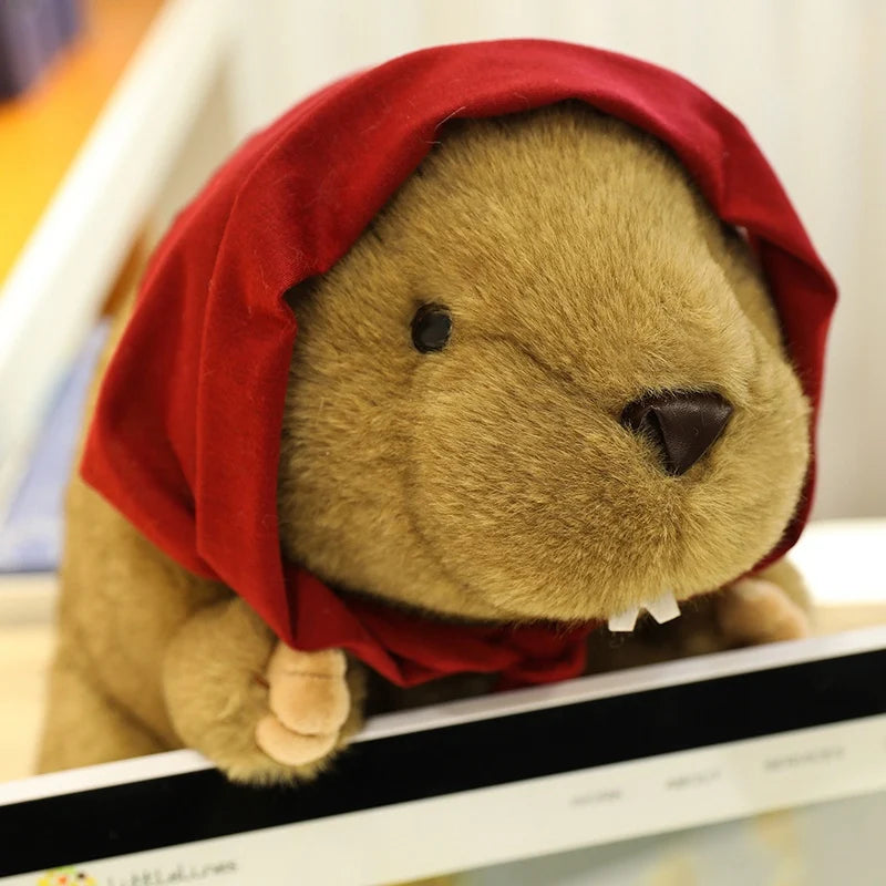 Cute Brown Plush Beaver with Red Babushka Scarf - Image 5