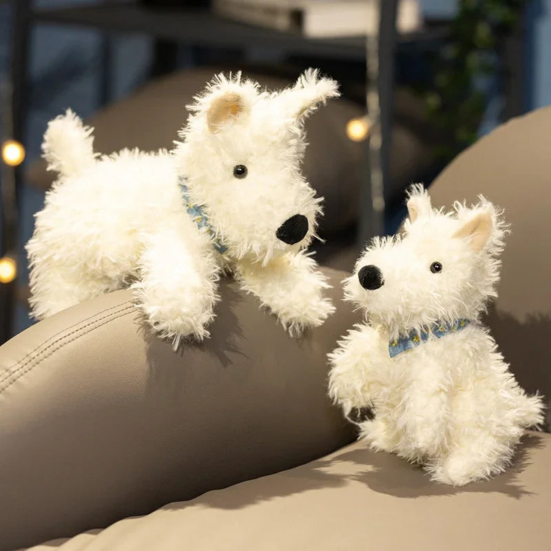 Shaggy White Terrier Plush Dog with Blue Bandana