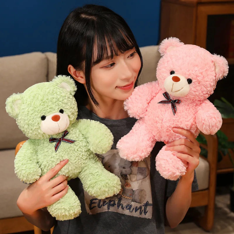 Soft Light Pink Plush Teddy Bear with Plaid Bow - Image 2