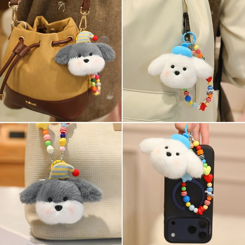 Fluffy White Dog Plush Phone Charm with Beaded Strap - Image 2