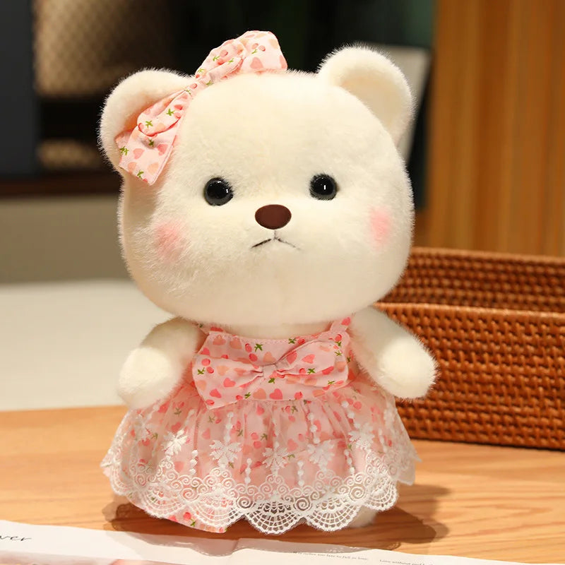 Cute Cream Plush Bear in Pink Polka Dot Dress - Image 12