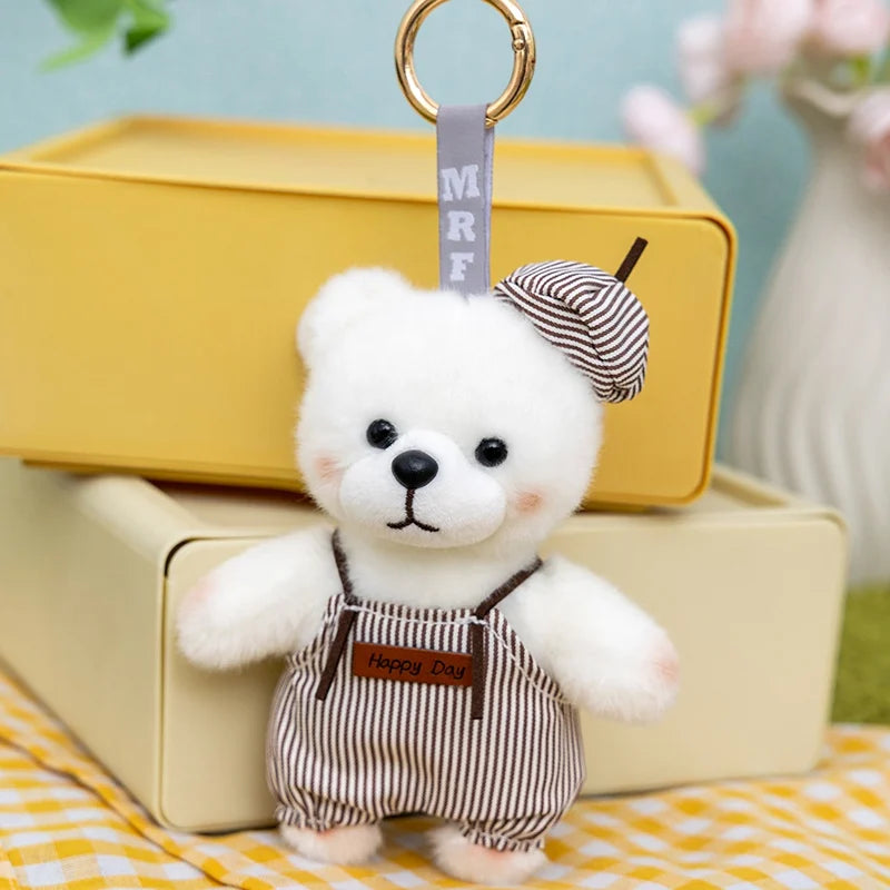 Plush Bear Keychain with Striped Overalls and Hat - Image 9