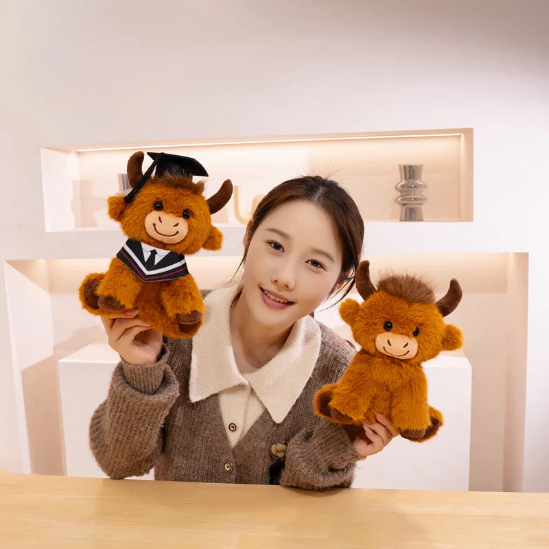 Fluffy Brown Ox Graduation Plush with Cap - Image 2