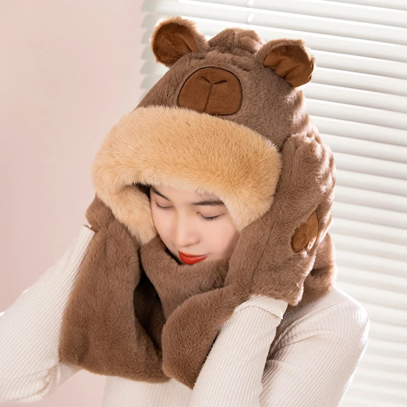 Cute Plush Bear Hooded Scarf with Heart Pockets - Image 3