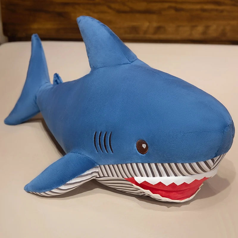 Oversized Blue Shark Plush Pillow with Striped Belly - Image 5