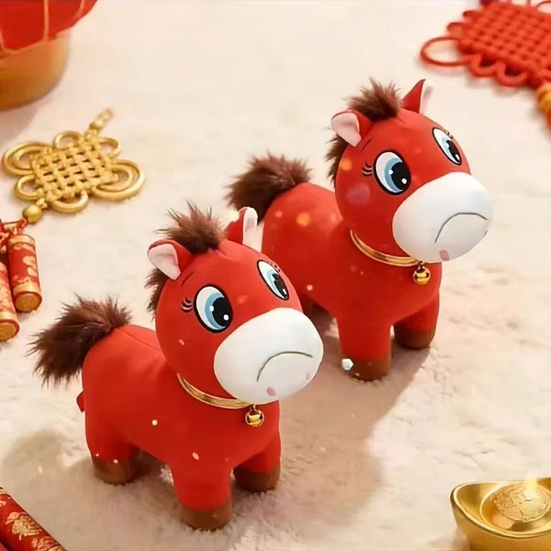 Red Sad-Faced Plush Pony with Gold Bell - Image 3