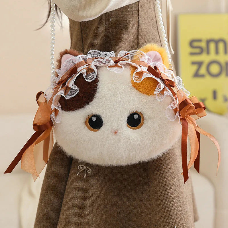 Kawaii Calico Cat Plush Crossbody Bag with Pearl Chain - Image 8