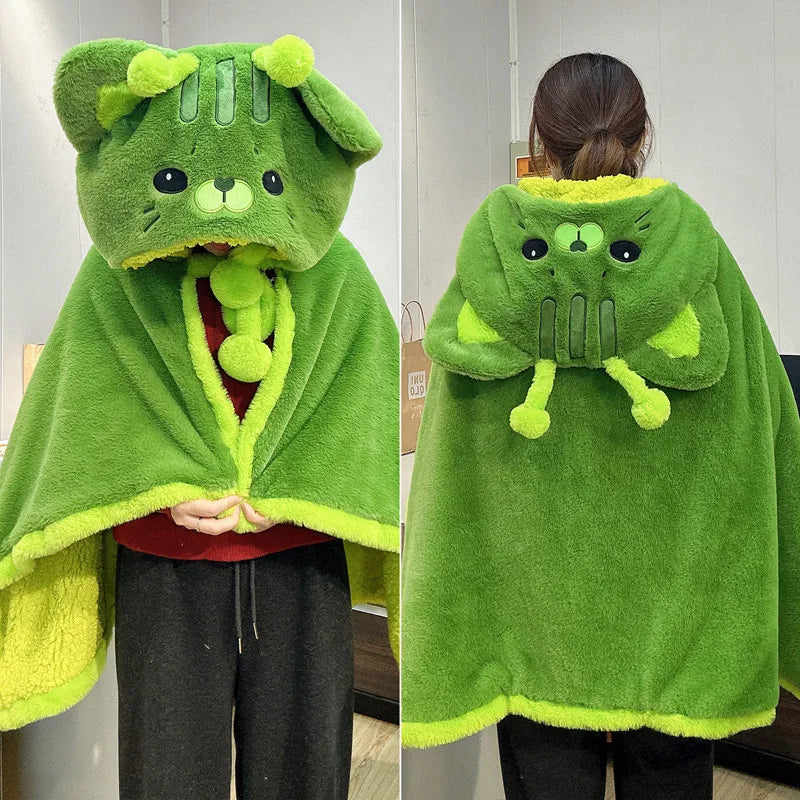 Fuzzy Green Monster Hooded Blanket with Pom-Poms - Image 3