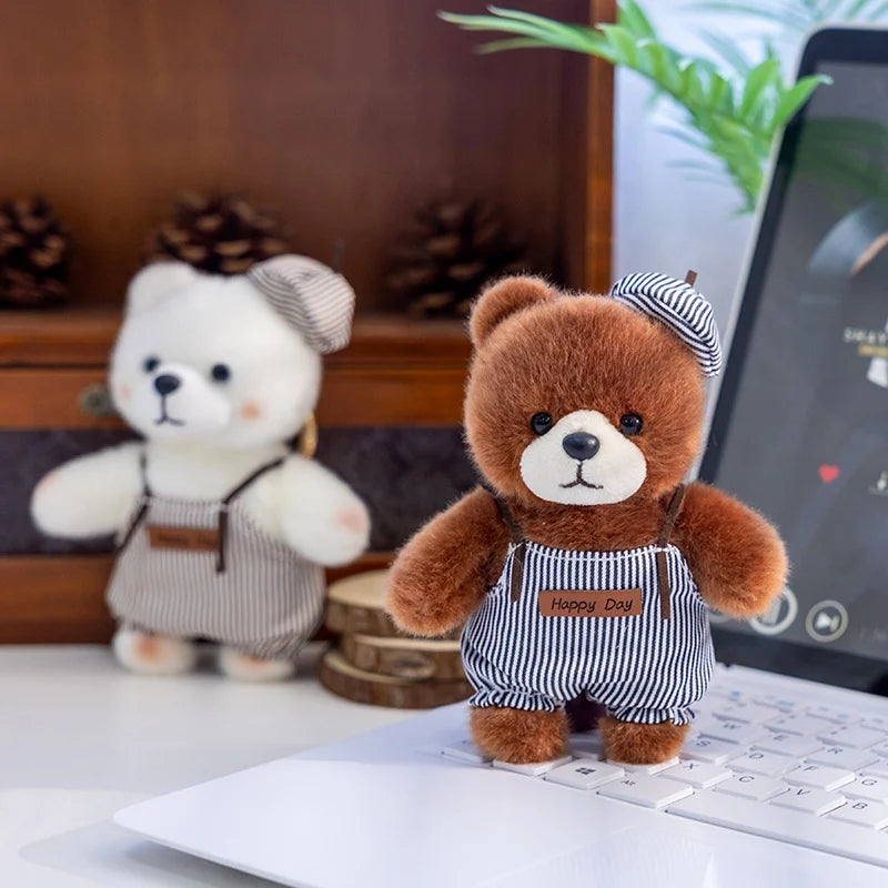 Plush Bear Keychain with Striped Overalls and Hat - Image 3