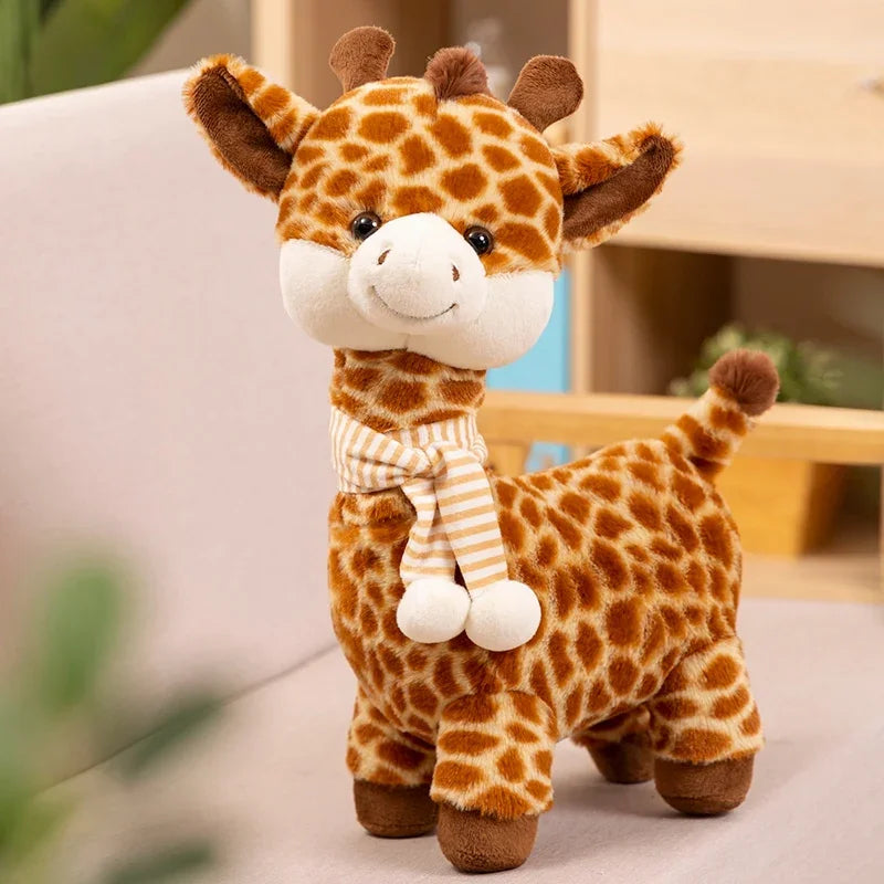 Cute Brown Spotted Plush Giraffe with Striped Scarf - Image 2