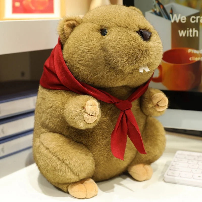 Cute Brown Plush Beaver with Red Babushka Scarf - Image 6