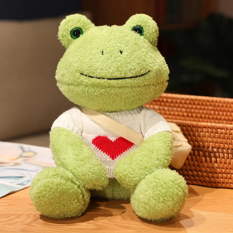 Cute Green Plush Frog with Knitted Sweater & Bag - Image 8