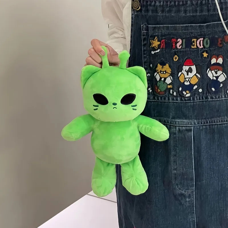 Grumpy Green Alien Cat Plush with Antennae - Image 3