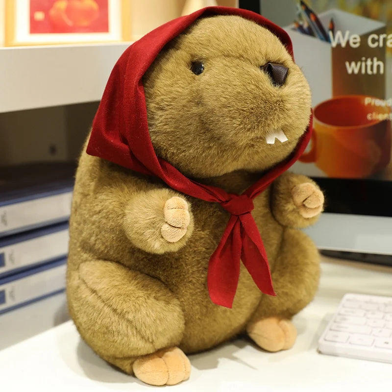 Cute Brown Plush Beaver with Red Babushka Scarf - Image 2