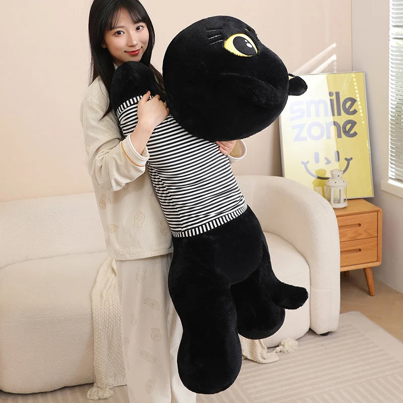 Cute Striped Cat Plush Pillow, Black & Beige - Image 2