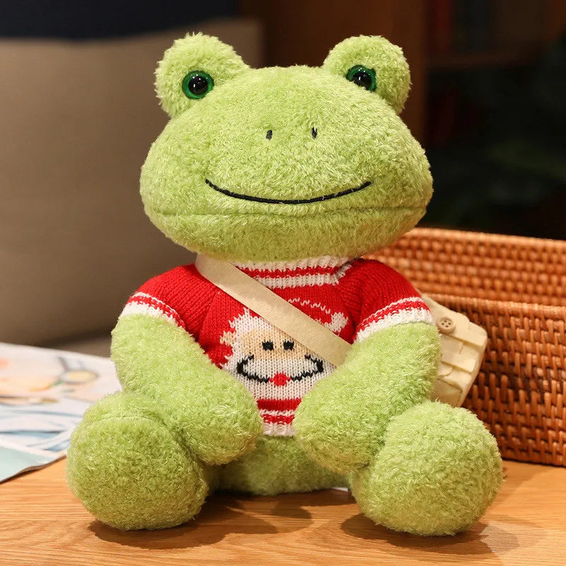 Cute Green Plush Frog with Knitted Sweater & Bag - Image 9