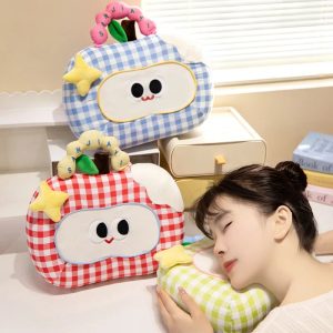 Gingham Plush Nap Pillow with Cute Cartoon Face