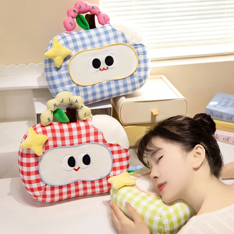 Gingham Plush Nap Pillow with Cute Cartoon Face