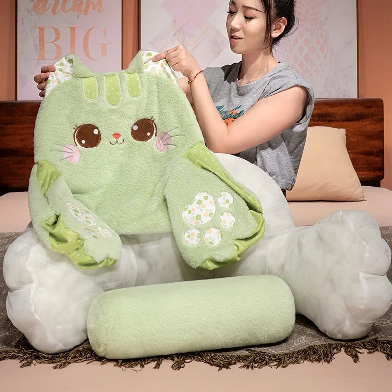 Cute Pink and White Plush Cat Backrest with Paws - Image 3