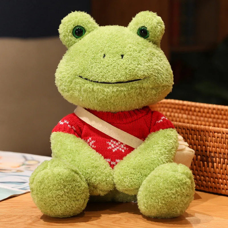 Cute Green Plush Frog with Knitted Sweater & Bag - Image 18