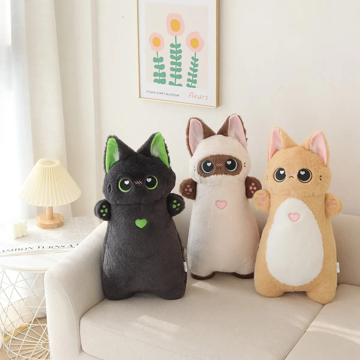 Cream Kawaii Plush Cat with Big Blue Eyes - Image 3