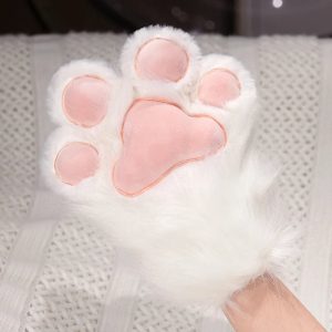 Fluffy White Paw Mittens with Pink Pads