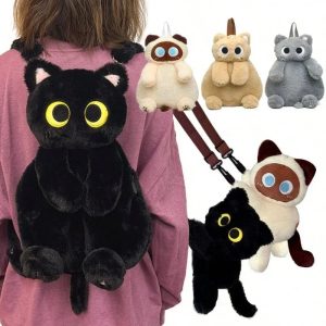 Furry Black Cat Backpack with Big Eyes