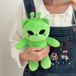 Grumpy Green Alien Cat Plush with Antennae